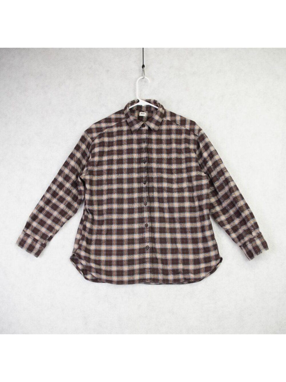 Uniqlo Flannel Shirt Womens Medium Brown Beige Plaid Long Sleeve Casual Outdoor